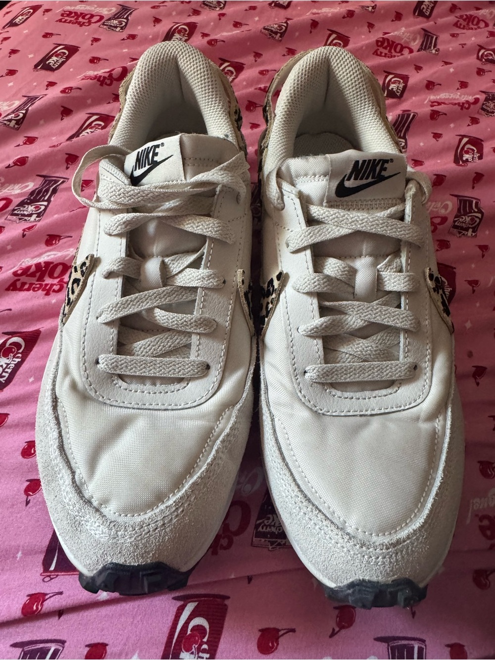 Nike Womens White Sneakers with Leopard Swoosh Accent